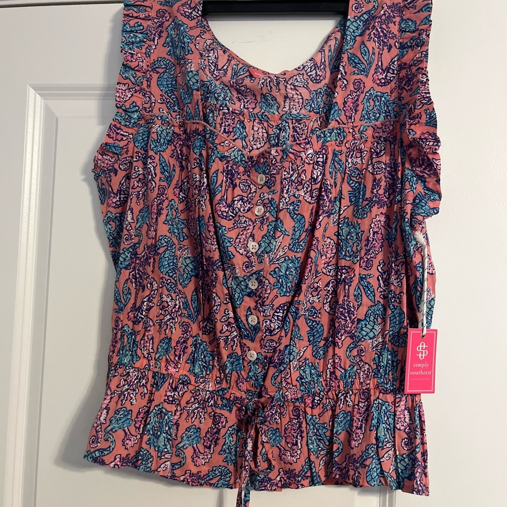 Simply Southern Pink and Blue Smocked Blouse